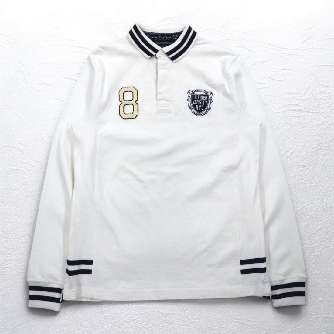 TOMMY HILFIGER RIBBLINE RUGBY SHIRT L WHITE COTTON NUMBERING VINTAGE FIT