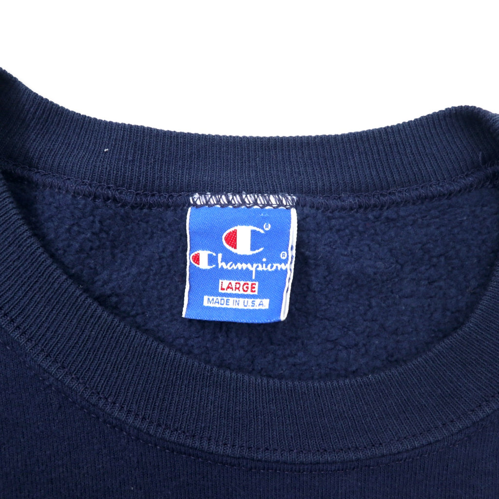 Champion USA製 90年代 カレッジ プリント スウェット L ネイビー コットン 裏起毛 NCAA フットボール NOTRE DAME 3段プリント アーチロゴ 刺繍タグ