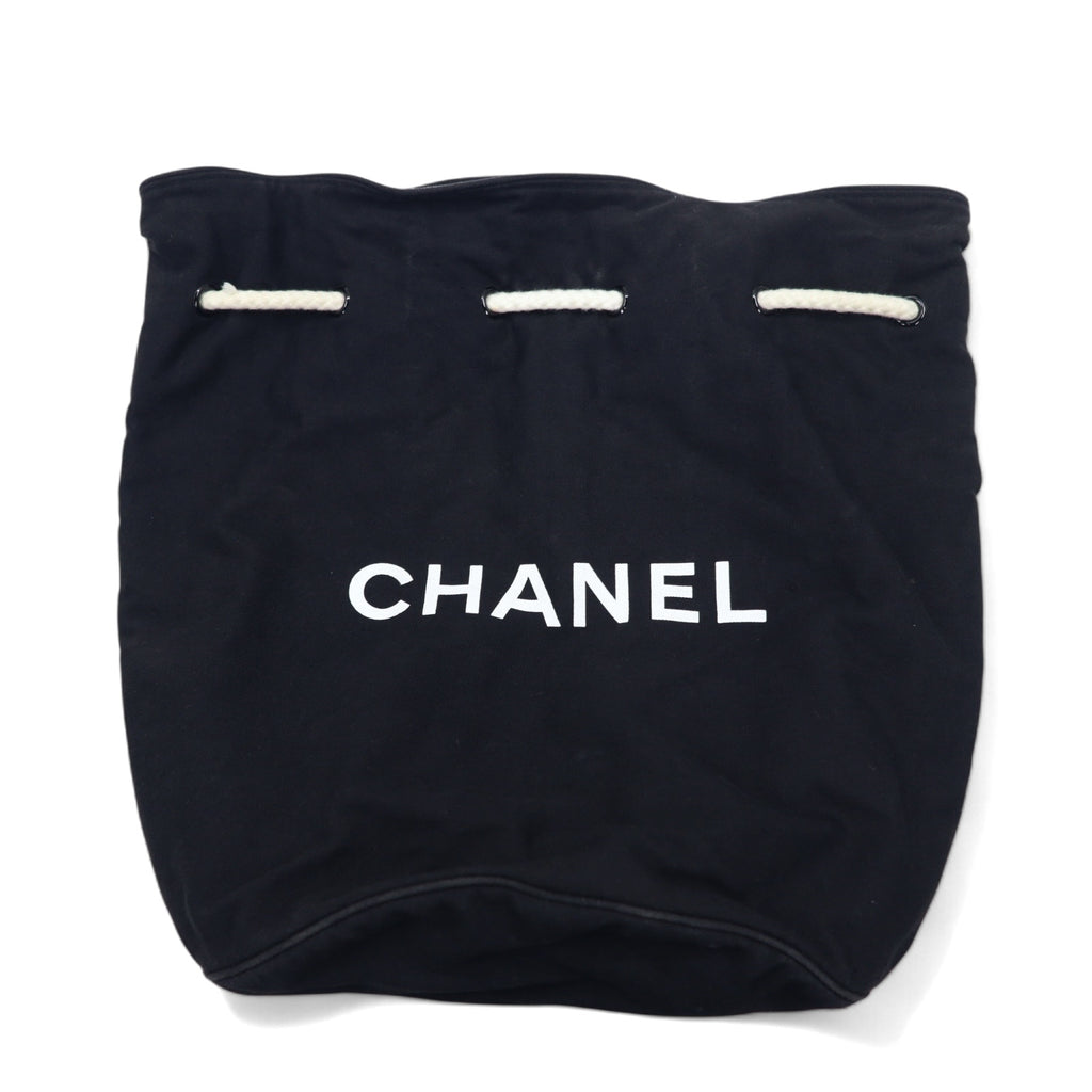 CHANEL Drawstring Pool Bag One Shoulder Bag Black Canvas Logo Print Novelty
