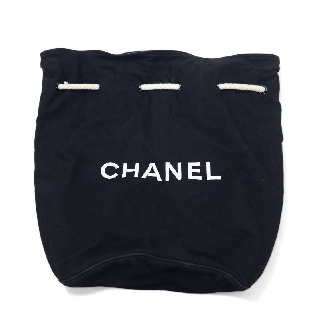 CHANEL Drawstring Pool Bag One Shoulder Bag Black Canvas Logo Print Novelty