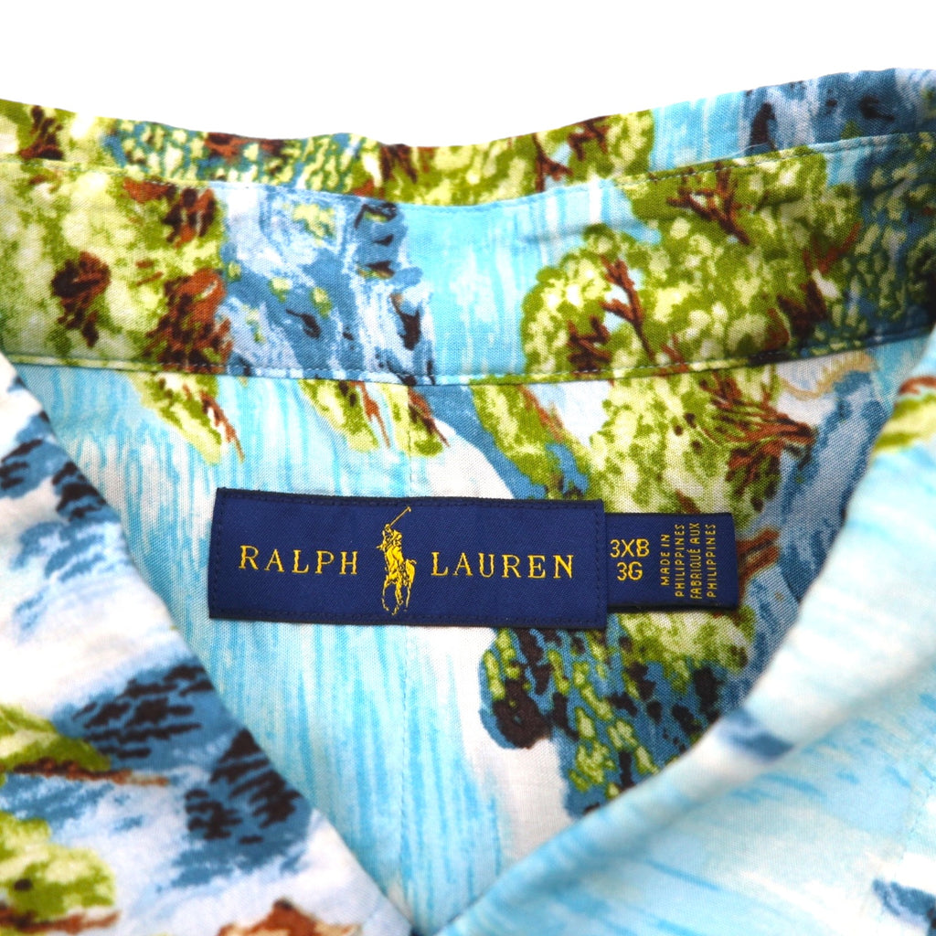 RALPH LAUREN 和柄 ビッグサイズ ボタンダウン アロハシャツ 3XL ブルー レーヨン ビスコース 総柄