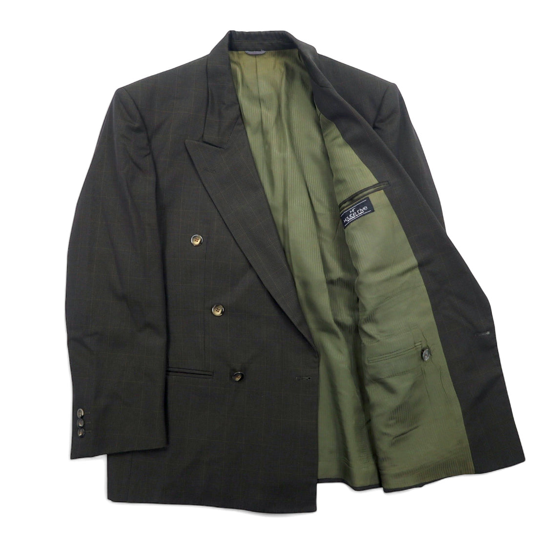 Made in France 90s Haute rive double-breasted tailored jacket L Khaki check wool polyester