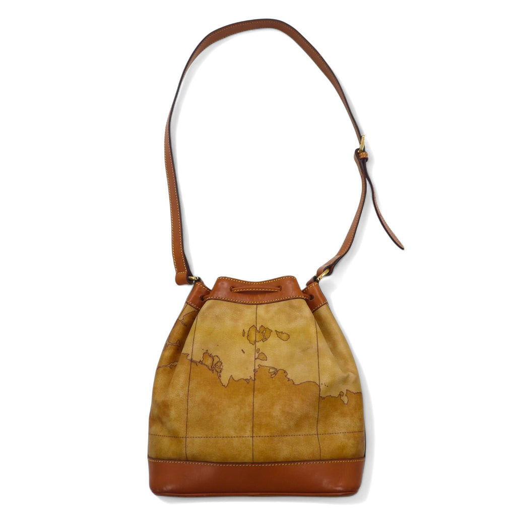 PRIMA CLASSE Made in Italy Drawstring Shoulder Bag Beige PVC Leather World Map