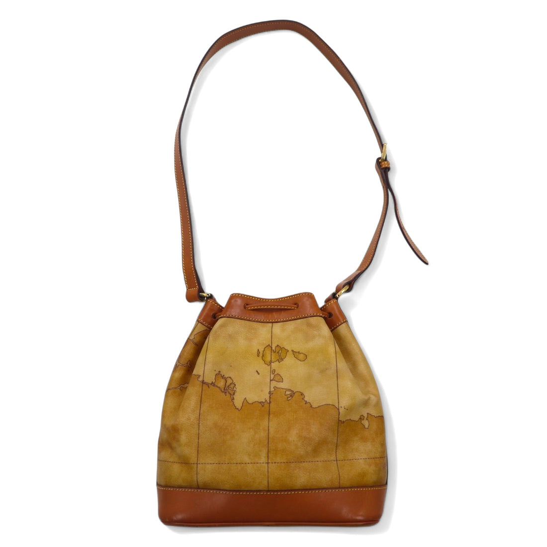 PRIMA CLASSE Made in Italy Drawstring Shoulder Bag Beige PVC Leather World Map