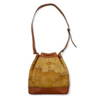 PRIMA CLASSE Made in Italy Drawstring Shoulder Bag Beige PVC Leather World Map