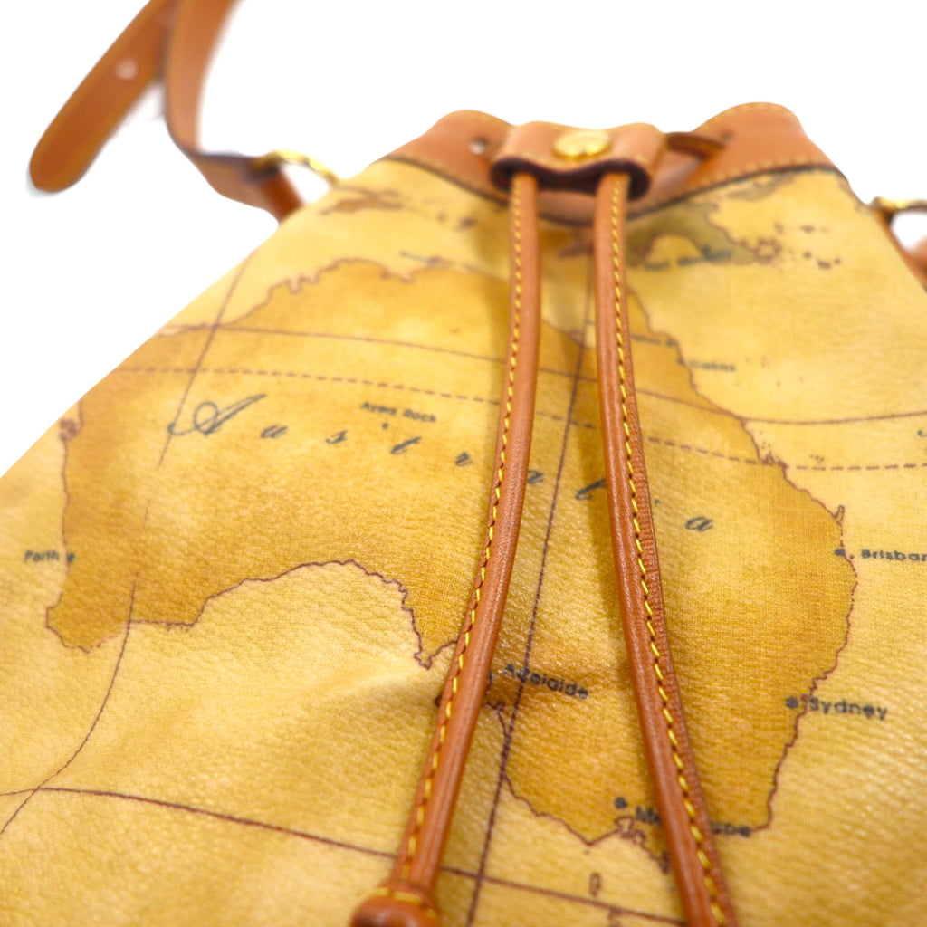 PRIMA CLASSE Made in Italy Drawstring Shoulder Bag Beige PVC Leather World Map