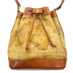 PRIMA CLASSE Made in Italy Drawstring Shoulder Bag Beige PVC Leather World Map