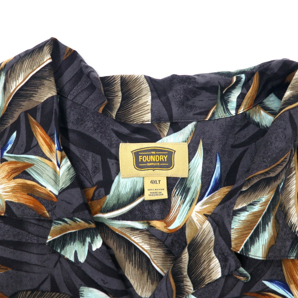 THE FOUNDRY SUPPLY CO. Aloha shirt, open collar, 4XLT, black, rayon, all-over pattern, botanical, big size