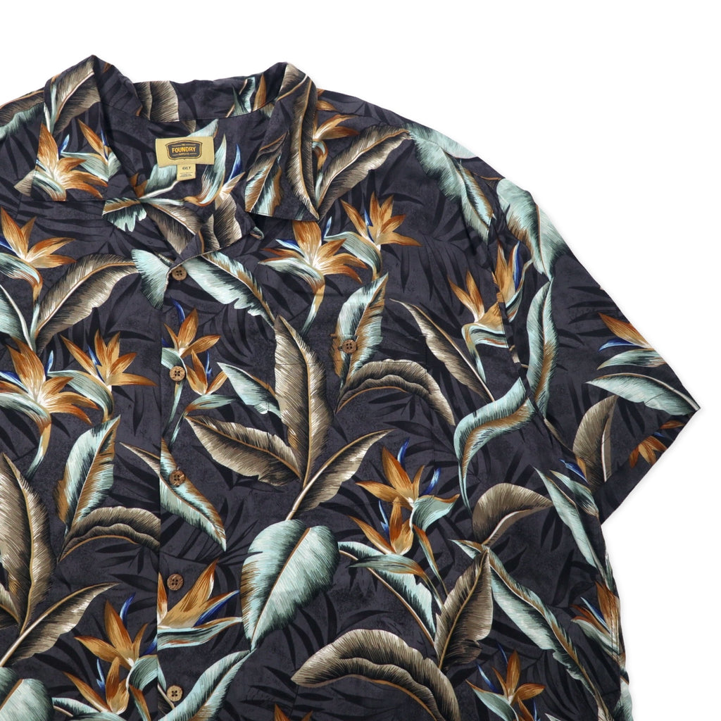 THE FOUNDRY SUPPLY CO. Aloha shirt, open collar, 4XLT, black, rayon, all-over pattern, botanical, big size
