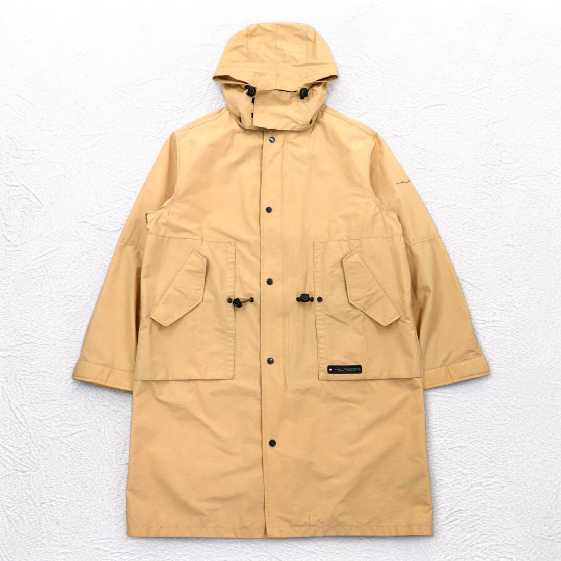 TOMMY HILFIGER 00s Overcoat L Beige Nylon Waterproof Double Zip Drawstring Detachable Hood