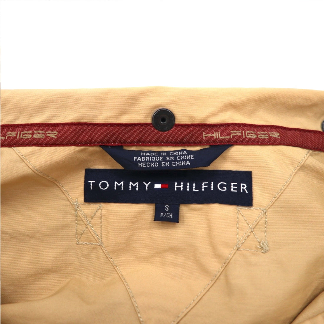 TOMMY HILFIGER 00s Overcoat L Beige Nylon Waterproof Double Zip Drawstring Detachable Hood