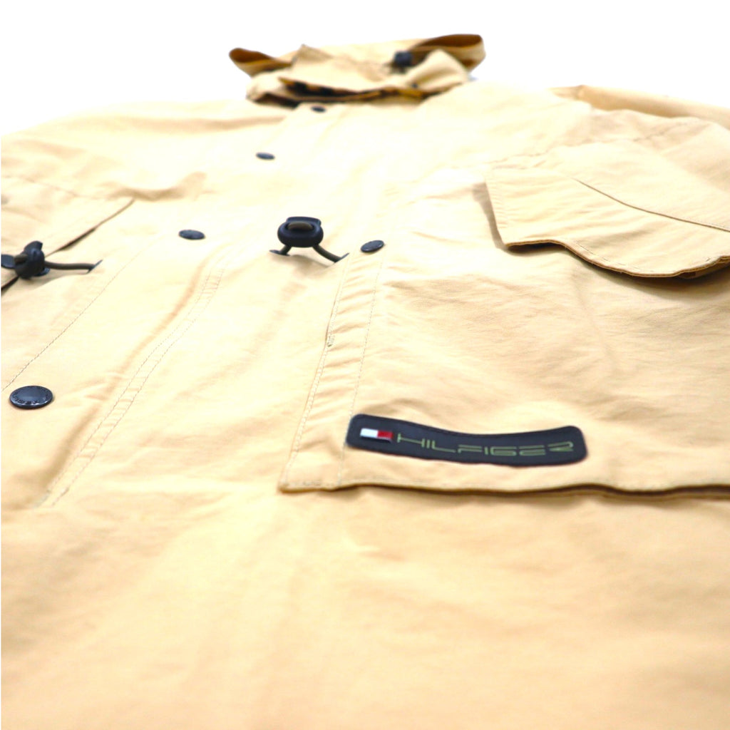 TOMMY HILFIGER 00s Overcoat L Beige Nylon Waterproof Double Zip Drawstring Detachable Hood