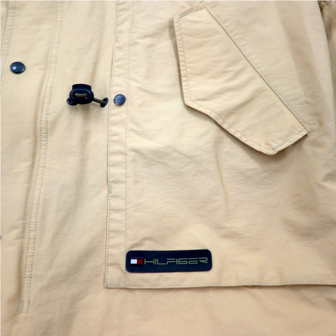 TOMMY HILFIGER 00s Overcoat L Beige Nylon Waterproof Double Zip Drawstring Detachable Hood
