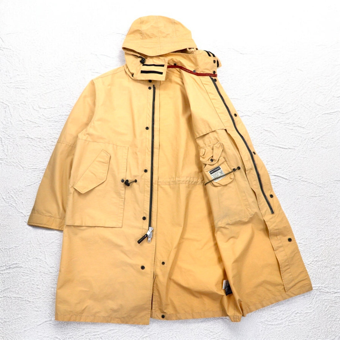 TOMMY HILFIGER 00s Overcoat L Beige Nylon Waterproof Double Zip Drawstring Detachable Hood