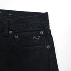 HARLEY DAVIDSON 2000s Black Denim Pants, Size L, Leather Patch, Zipper Fly, Made in Mexico