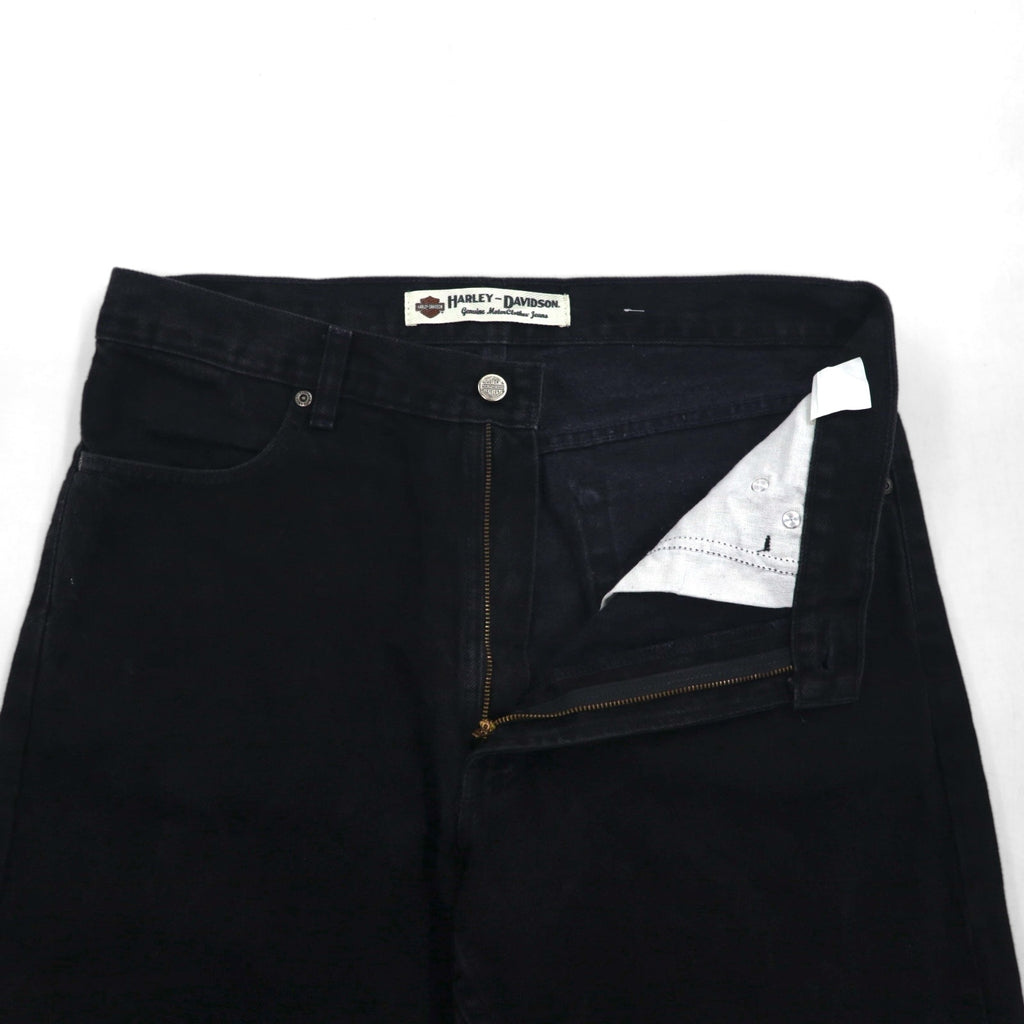 HARLEY DAVIDSON 2000s Black Denim Pants, Size L, Leather Patch, Zipper Fly, Made in Mexico