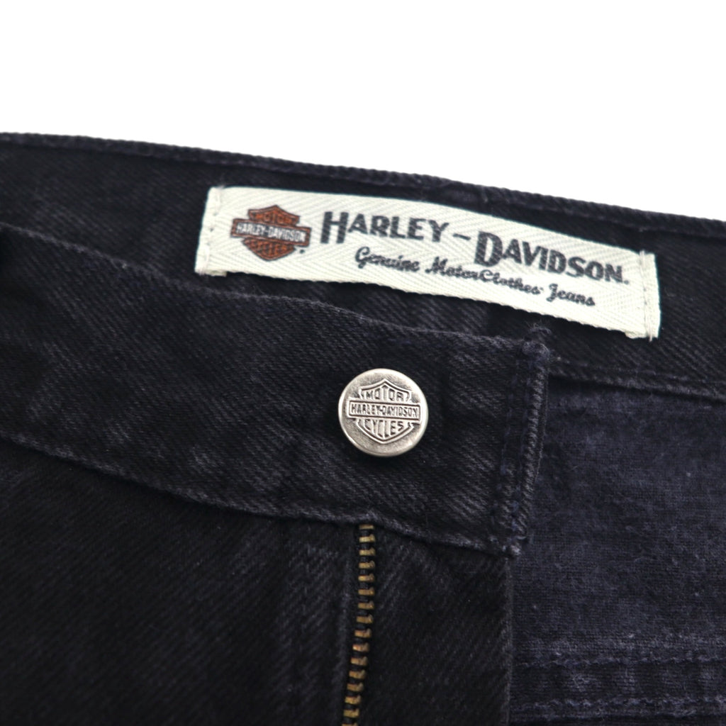 HARLEY DAVIDSON 2000s Black Denim Pants, Size L, Leather Patch, Zipper Fly, Made in Mexico
