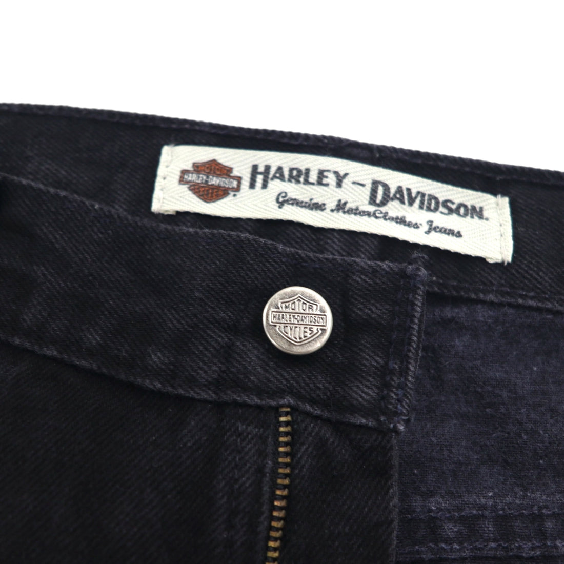 HARLEY DAVIDSON 2000s Black Denim Pants, Size L, Leather Patch, Zipper Fly, Made in Mexico
