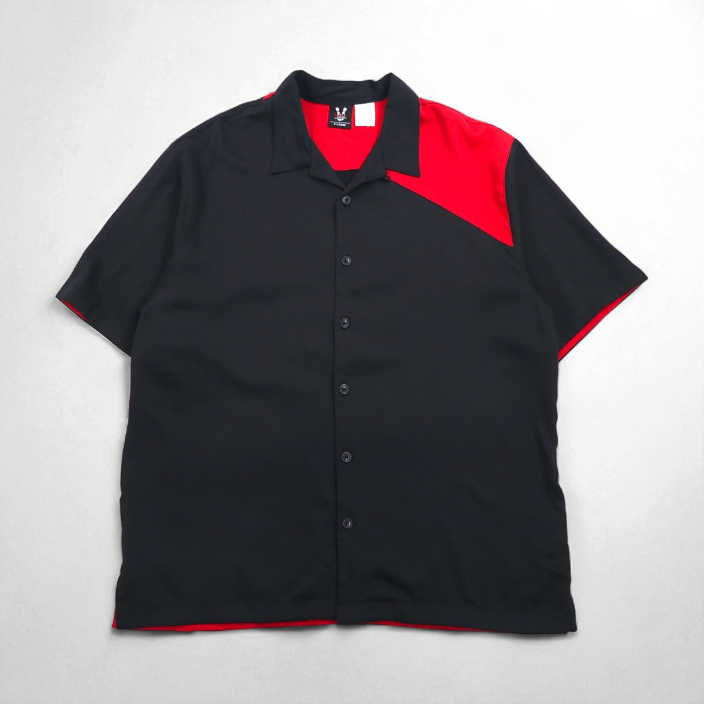 Hilton 90s Bowling Shirt, Short Sleeve, Open Collar, XL, Black, Red, Rayon, Polyester
