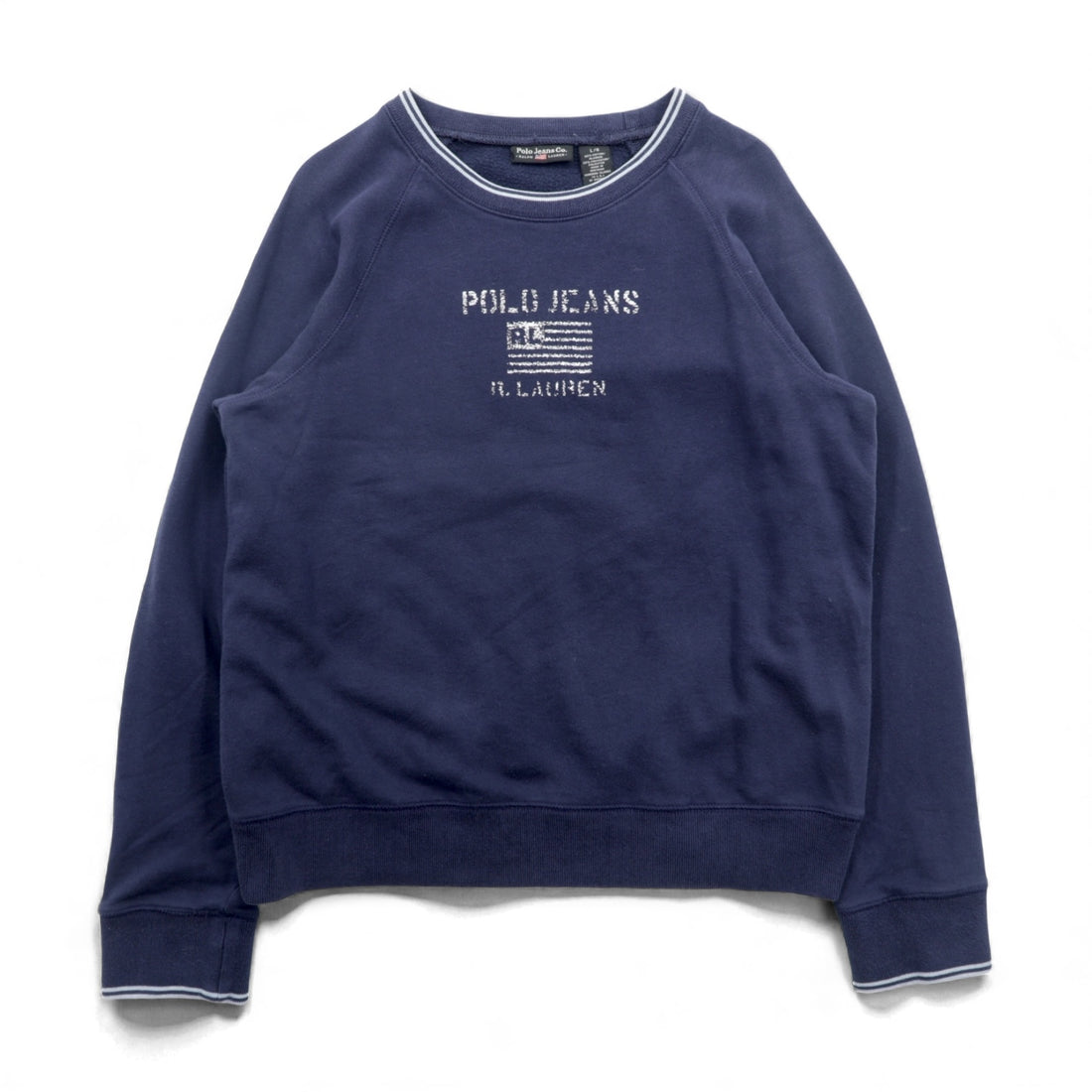 Polo Jeans RALPH LAUREN 90s Ribbed Sweatshirt Jumper L Navy Fleece Lined Stars and Stripes