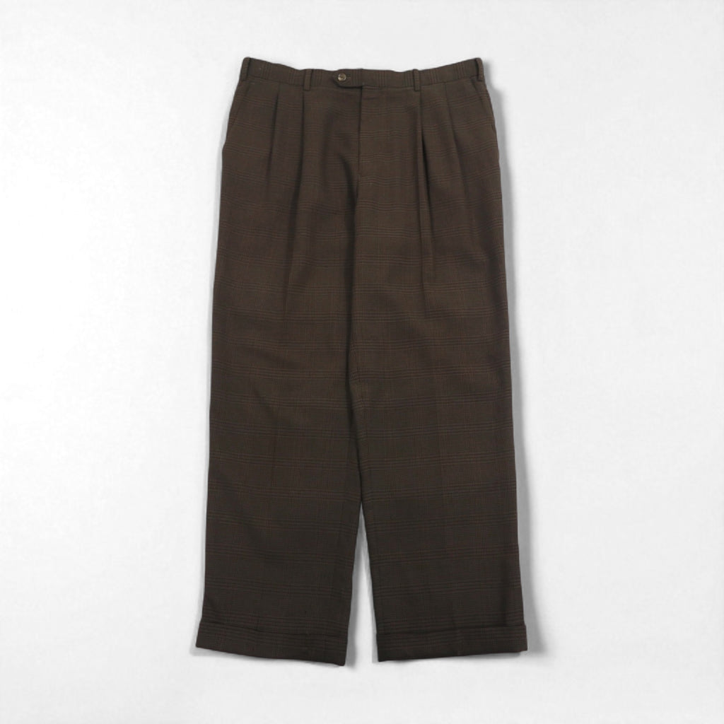 RALPH LAUREN 90s 2-pleat wide-leg slacks, size L, brown check polyester