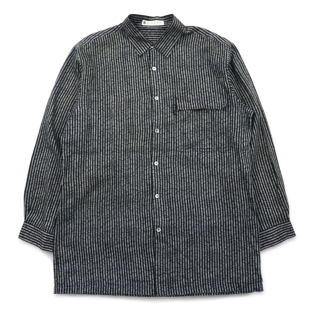 BLACK PIA 90s Linen Striped Shirt L Gray Black Flap Pocket Made in Japan