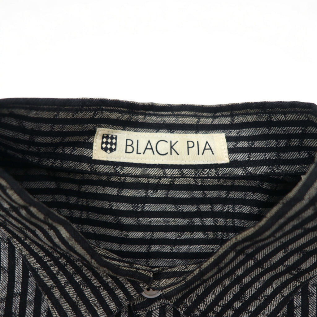BLACK PIA 90s Linen Striped Shirt L Gray Black Flap Pocket Made in Japan