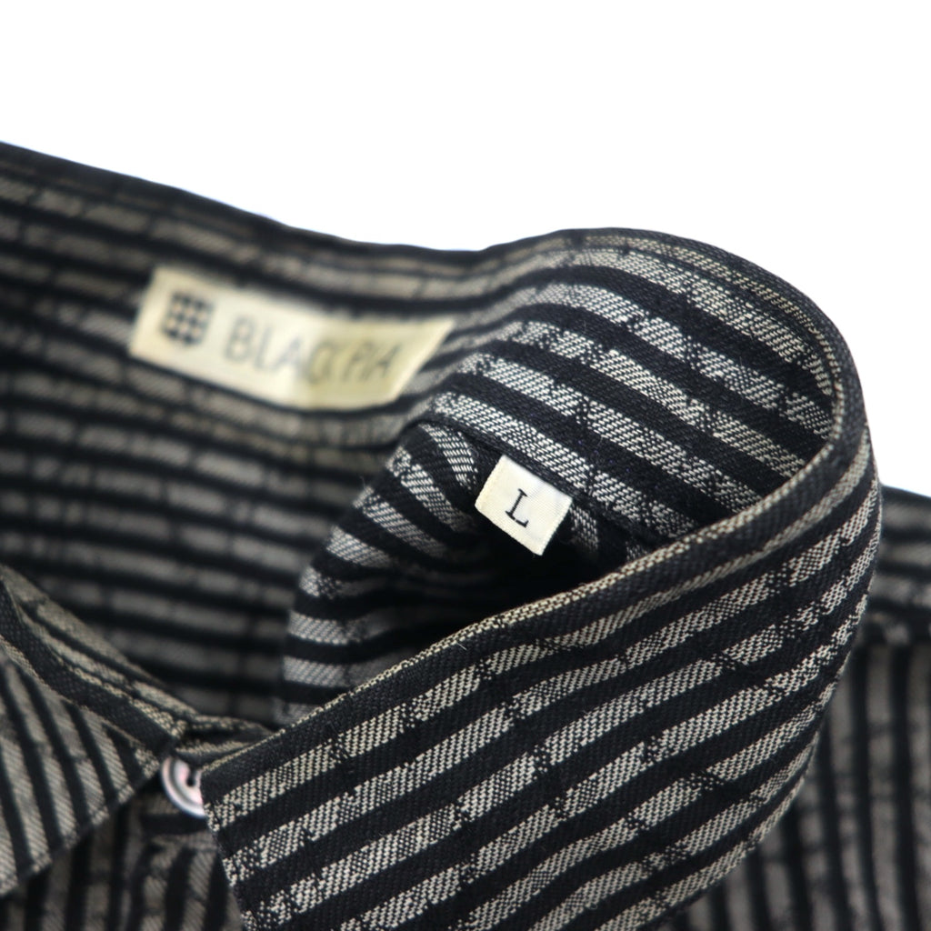BLACK PIA 90s Linen Striped Shirt L Gray Black Flap Pocket Made in Japan
