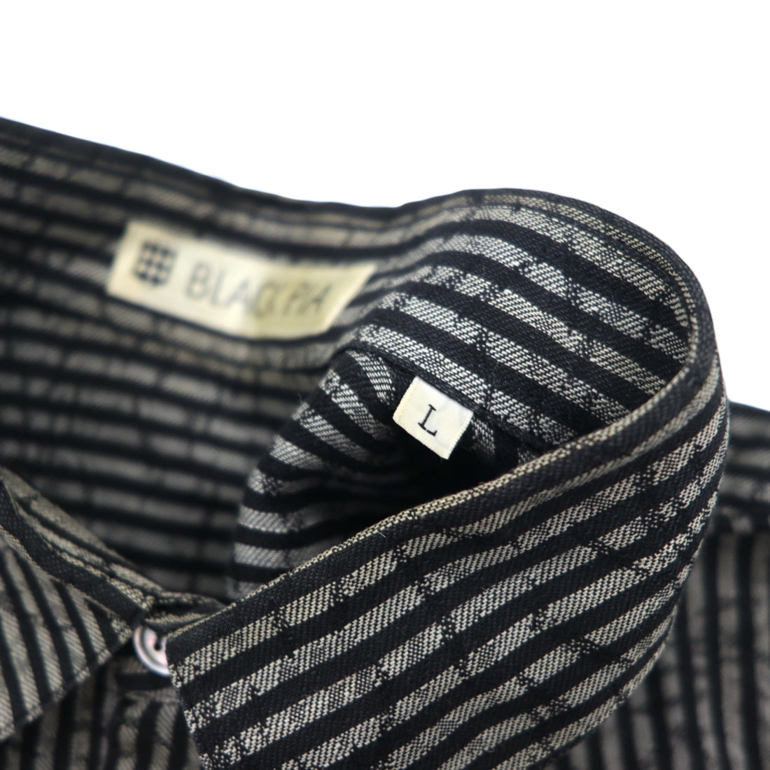 BLACK PIA 90s Linen Striped Shirt L Gray Black Flap Pocket Made in Japan