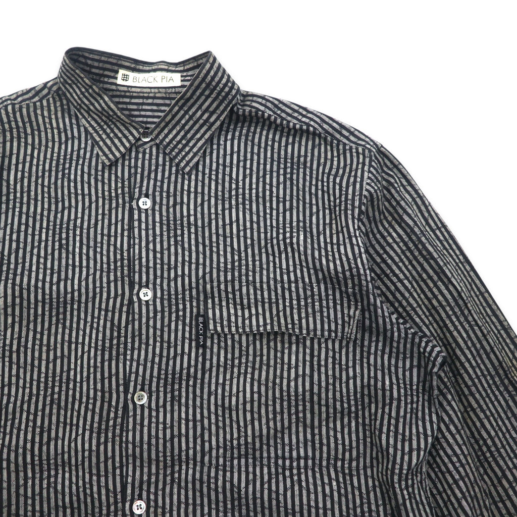 BLACK PIA 90s Linen Striped Shirt L Gray Black Flap Pocket Made in Japan