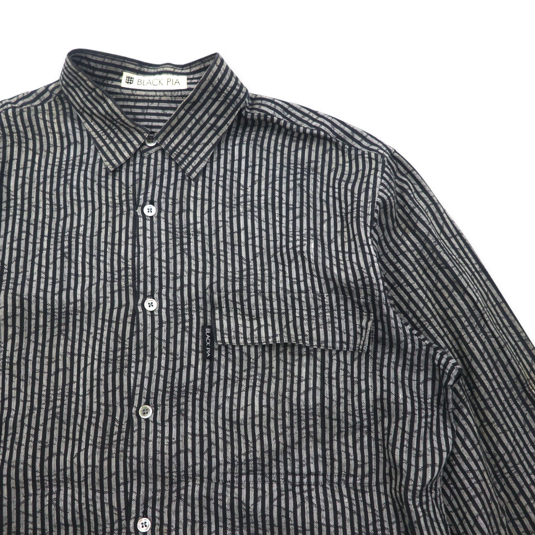 BLACK PIA 90s Linen Striped Shirt L Gray Black Flap Pocket Made in Japan
