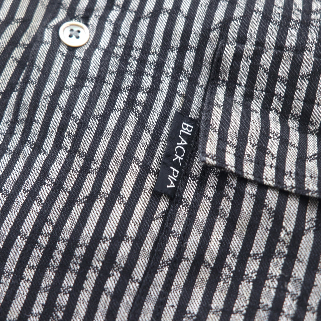 BLACK PIA 90s Linen Striped Shirt L Gray Black Flap Pocket Made in Japan