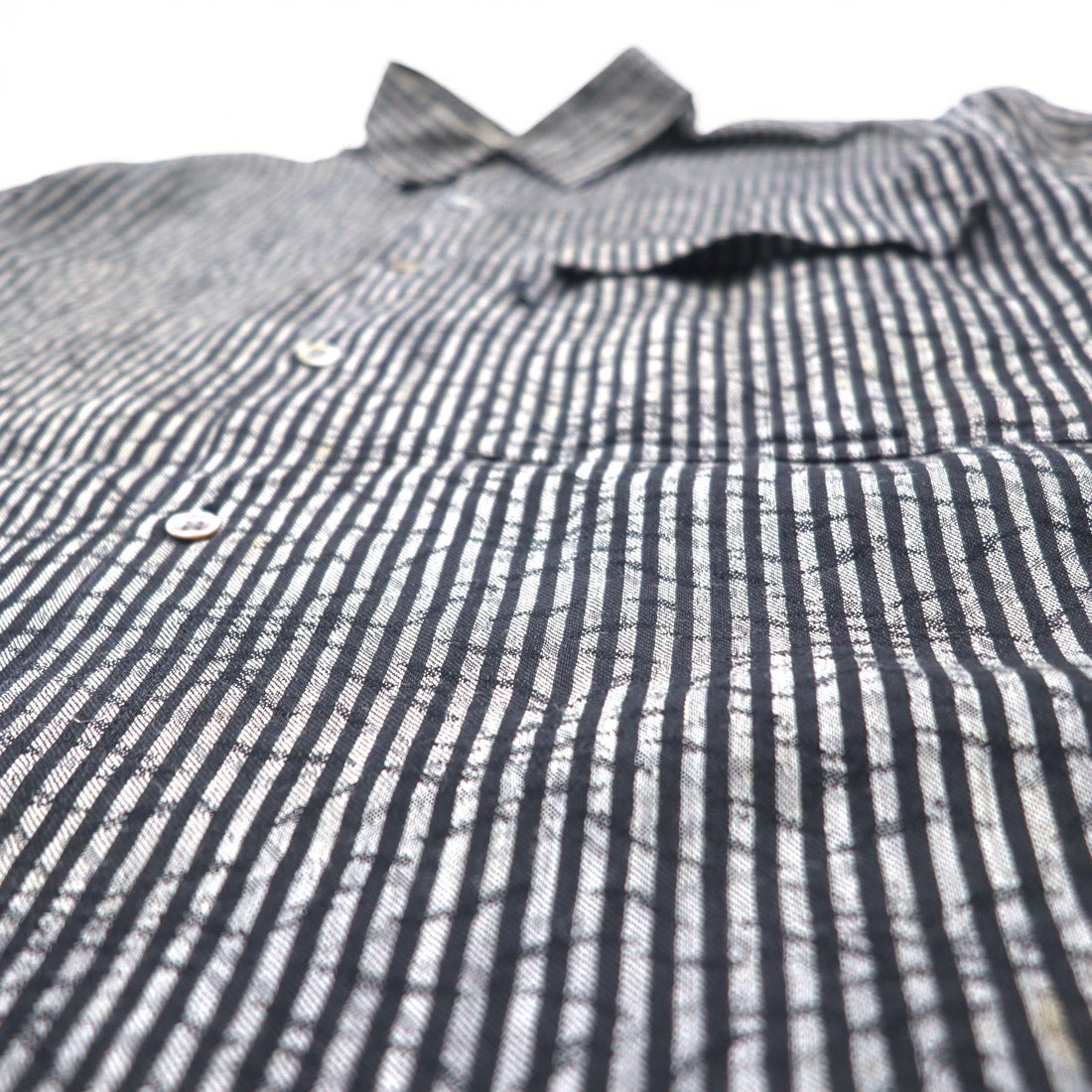 BLACK PIA 90s Linen Striped Shirt L Gray Black Flap Pocket Made in Japan