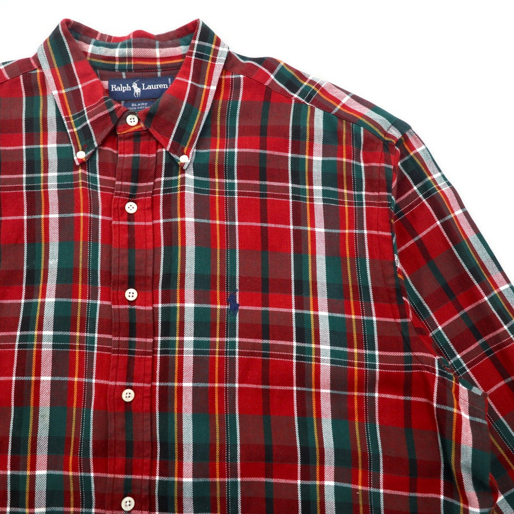 RALPH LAUREN 90s BLAIRE button-down flannel shirt L red check small pony embroidery