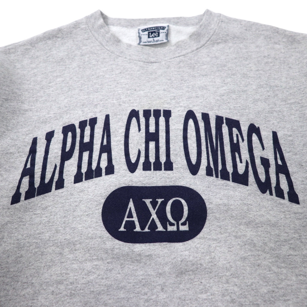 Lee USA Made 90s ULTRAWEIGHT College Print Sweatshirt L Grey Cotton Fleece Lining ALPHA CHI OMEGA Arch Logo