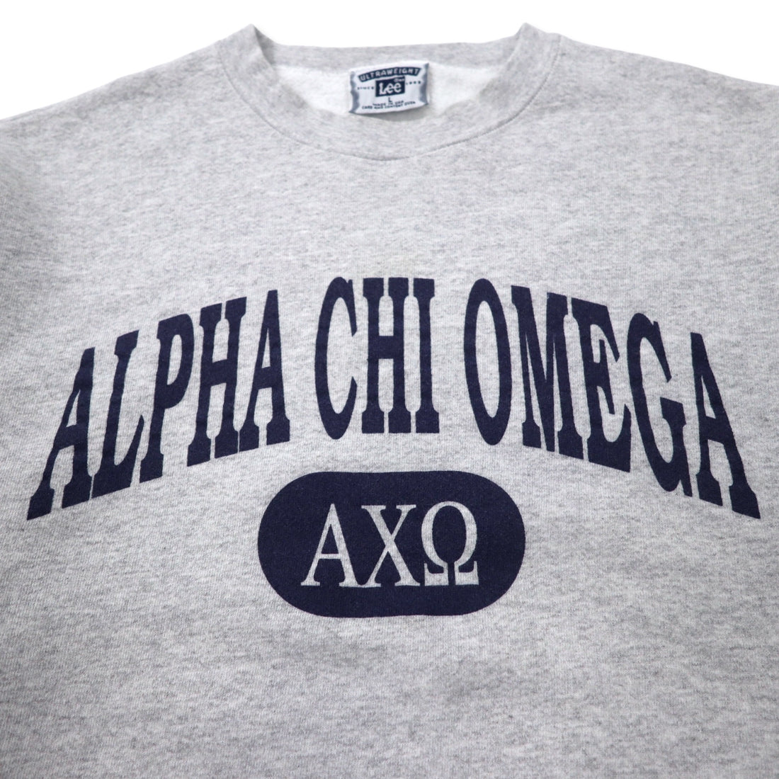 Lee USA Made 90s ULTRAWEIGHT College Print Sweatshirt L Grey Cotton Fleece Lining ALPHA CHI OMEGA Arch Logo