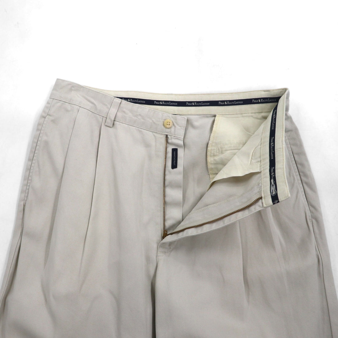 POLO RALPH LAUREN 90s Polo Chino Pants, Double-Tuck Wide Leg, Size M, Beige, Cotton