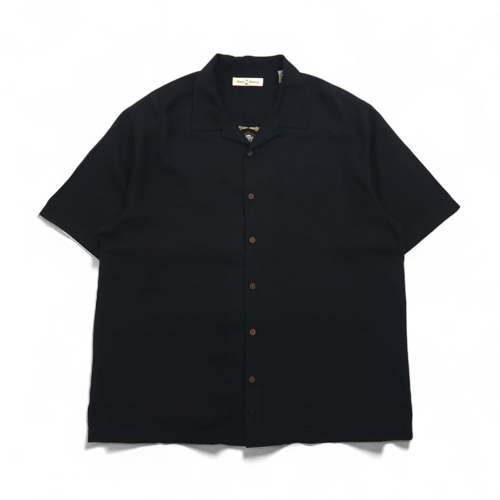Tommy Bahama シルク 半袖 オープンカラーシャツ 開襟 ボックスシャツ XL ブラック バックロゴ刺繍