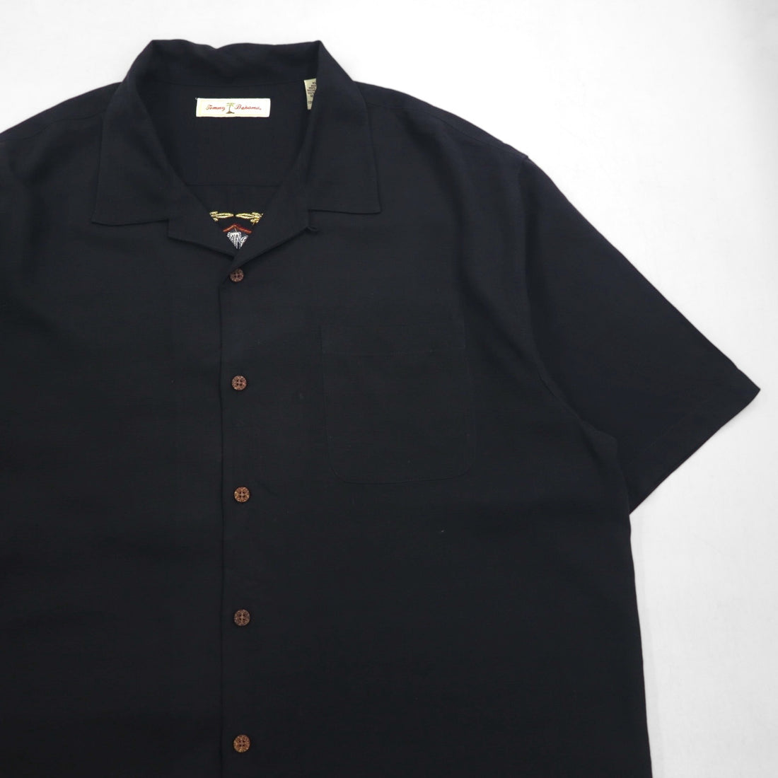 Tommy Bahama シルク 半袖 オープンカラーシャツ 開襟 ボックスシャツ XL ブラック バックロゴ刺繍