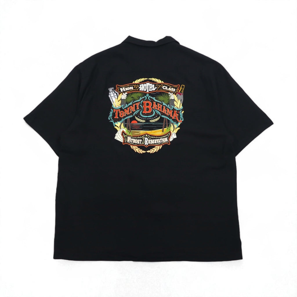 Tommy Bahama シルク 半袖 オープンカラーシャツ 開襟 ボックスシャツ XL ブラック バックロゴ刺繍