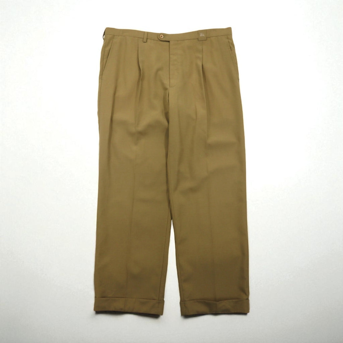 BURBERRY Made in Spain 2-Puck Wide Leg Slacks, Size XL, Beige Wool, Pleated, Double Breasted