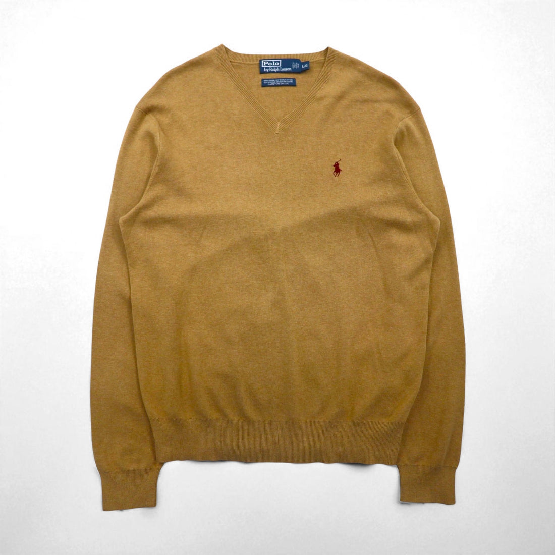 Polo Ralph Lauren 90s V-neck Pima cotton knit sweater, size L, beige, with small pony embroidery.