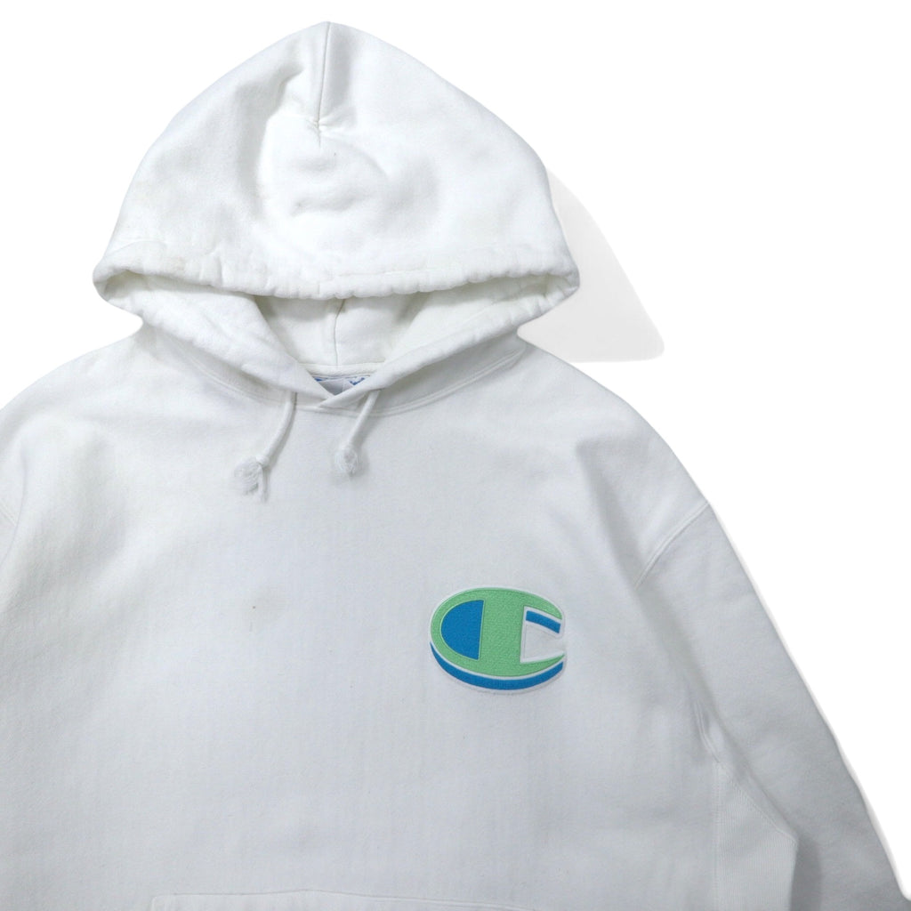 Champion Reverse Weave Pullover Hoodie XL White Cotton Blue Single Tag Reprint REVERSE WEAVE GF68WHC Made in Honduras