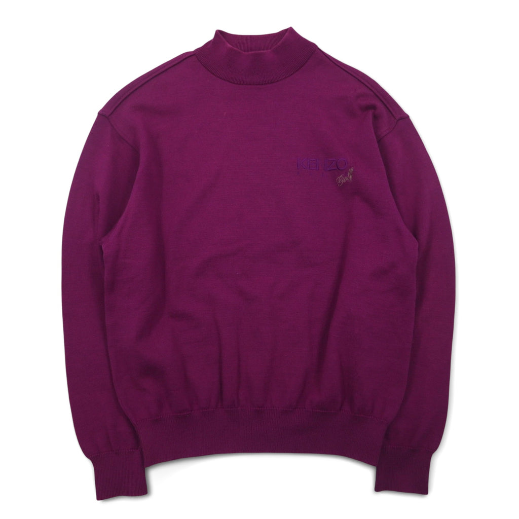 KENZO GOLF 90s mock neck high gauge knit sweater S purple wool one point logo embroidery made in Japan