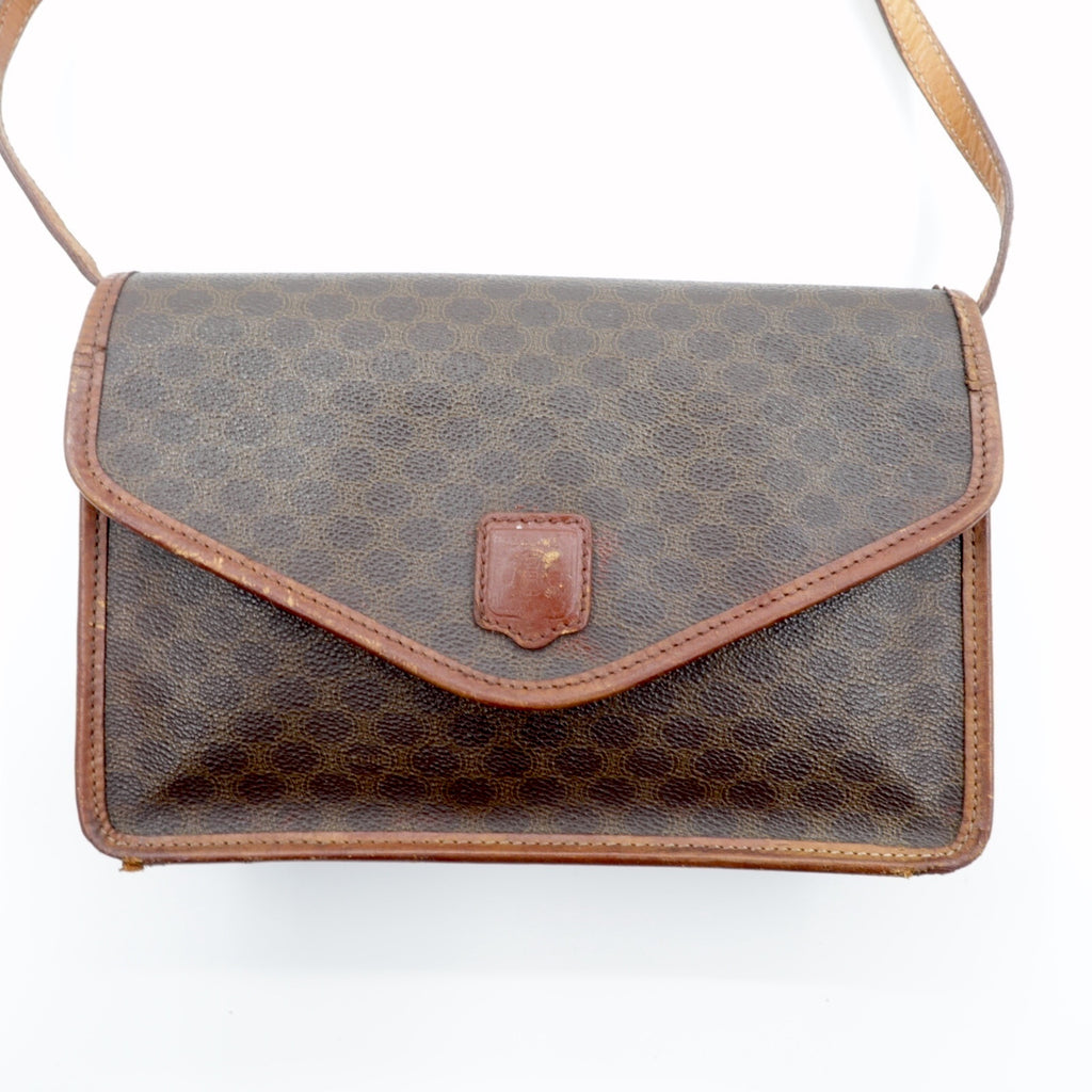 CELINE Shoulder Bag Brown Leather Macadam Pattern Old M90 Made in Italy