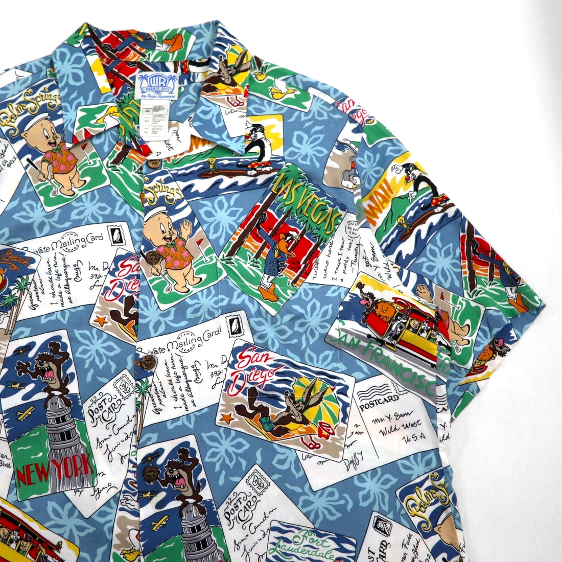 Reyn Spooner × WARNER BROS. ルーニーチューンズ LOONEY TUNES アロハシャツ XL ブルー レーヨン 開襟 オープンカラー 総柄 キャラクター