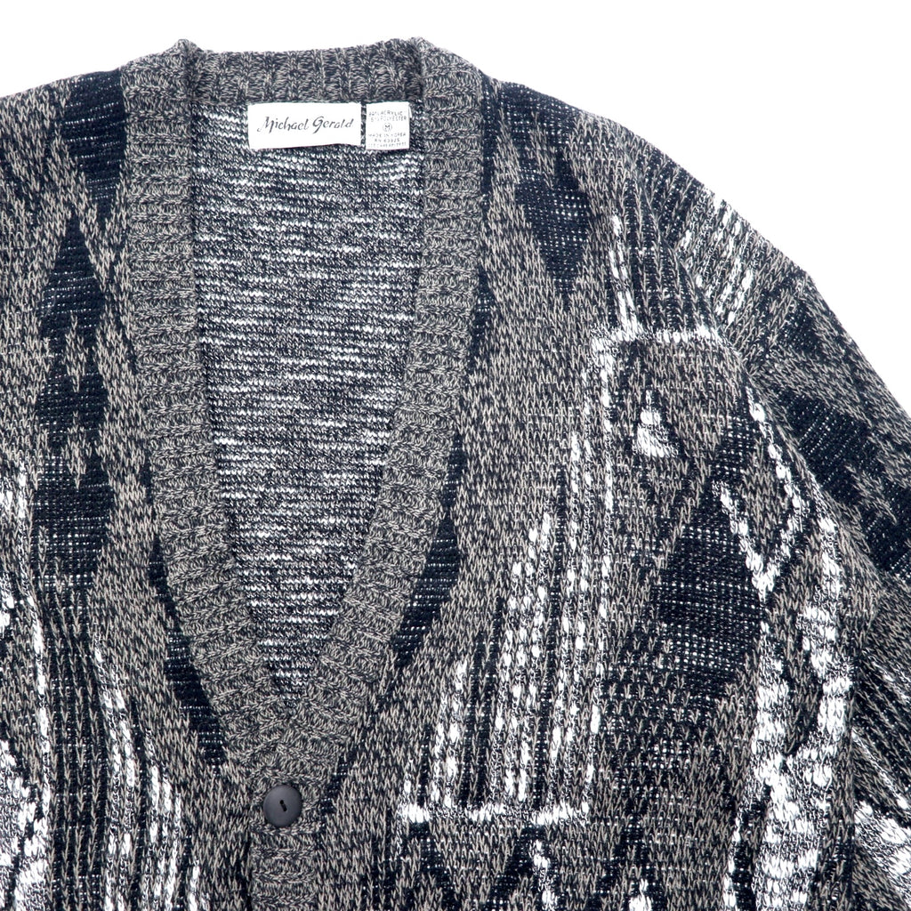 90s Michael Gerald all-over jacquard knit cardigan, M, grey, acrylic