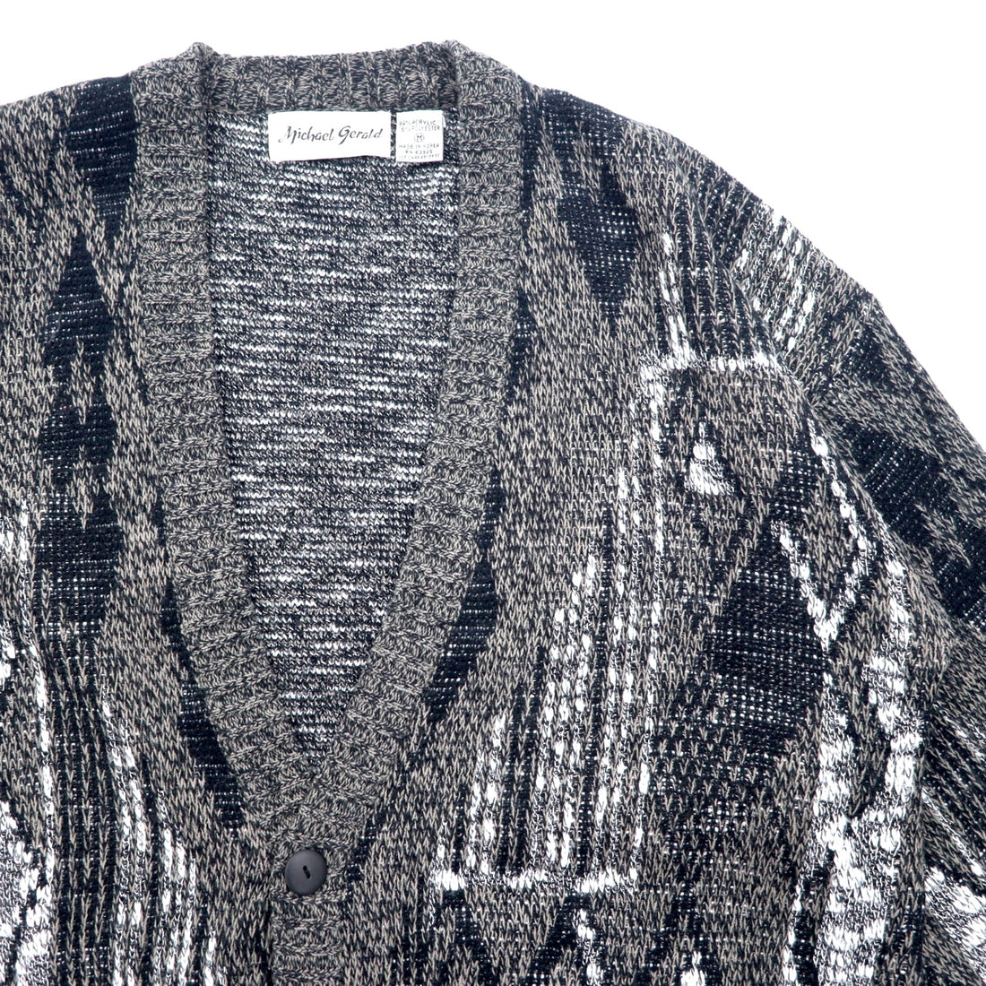 90s Michael Gerald all-over jacquard knit cardigan, M, grey, acrylic