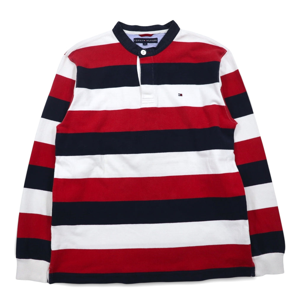 TOMMY HILFIGER Band Collar Rugby Shirt M Tricolor Border Henley Neck