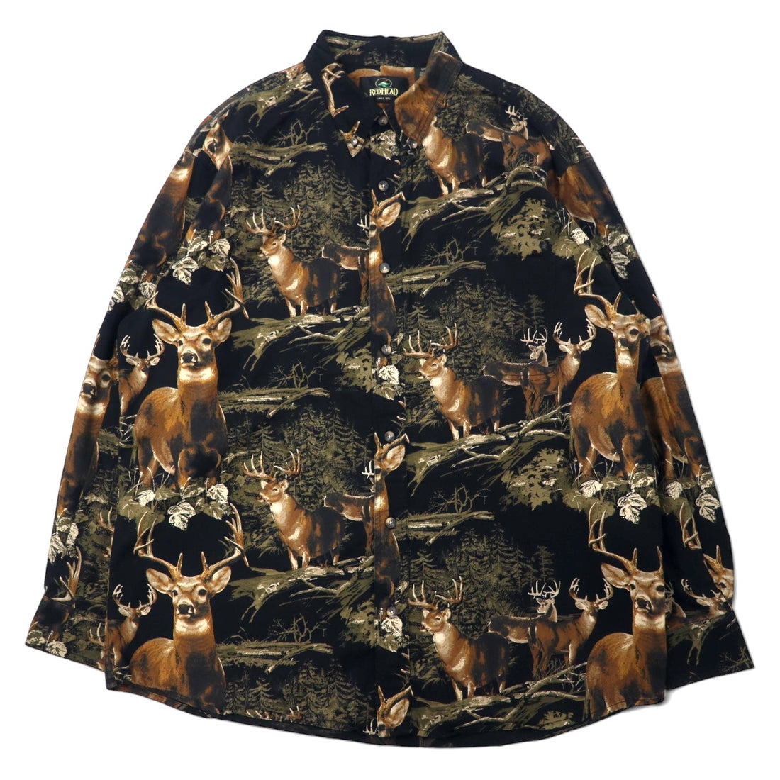 日本然リトテ-古着オンライン-RED HEAD ボタンダウンシャツ L ブラック コットン 総柄 アニマル 鹿-RED HEAD button-down Shirts L black cotton patterned animal deer